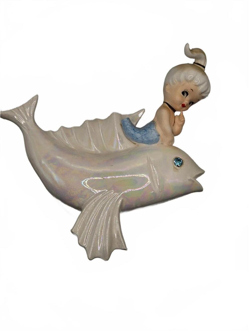 AS IS Vtg Norcrest Ceramic Mermaid , Iridescent Fish P697 Wall Plaque Rhinestone